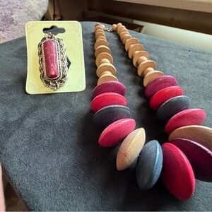 Colorful Wooden Bead Necklace and Pink Stone adjustable ring Set